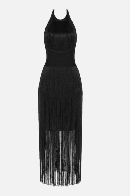 Tassel Halter Collar Backless Midi Dresses