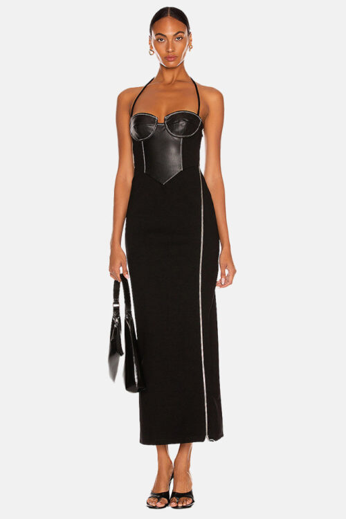 Halter Leather Zip Maxi Dress