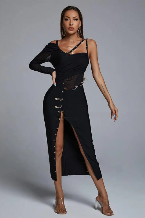 One Shoulder Open Fork Rayon Maxi Dress